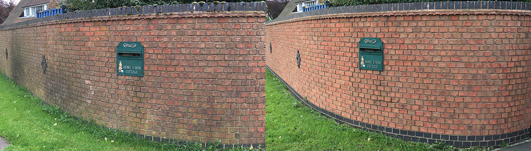 Perimeter wall before and after cleaning by Stonewash